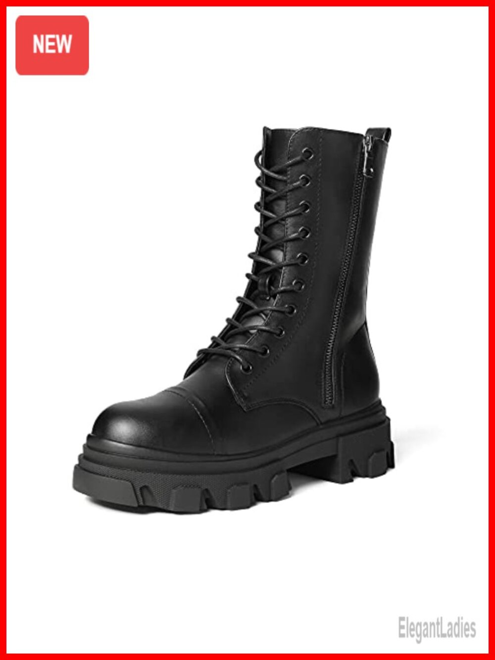 Women's Mid Calf Combat Boots Faux Leather Lace Up Low Heel